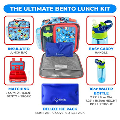 Bento Box with Insulated Lunch Bag, Ice Pack & Water Bottle Set for Kids - 5 Compartments Removable Tray Lunches or Snack Container Boys Toddlers Daycare Pre-School, Blue Pirates - color: Blue Pirate Set