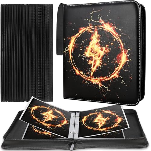 Jumbo Card Binder Compatible with Pokemon XL Jumbo Cards, 100 Pockets Zip Trading Card Binder, QUBAMG Oversized 5.7"×7.9" Card Holders Storage, 3-Ring PU Collector Album Card Folder, Lightning Black - color: Lightning