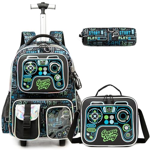 School Kids Rolling Backpack for Boys 17" Multiple Function Pockets - color: Blue-4104-lg