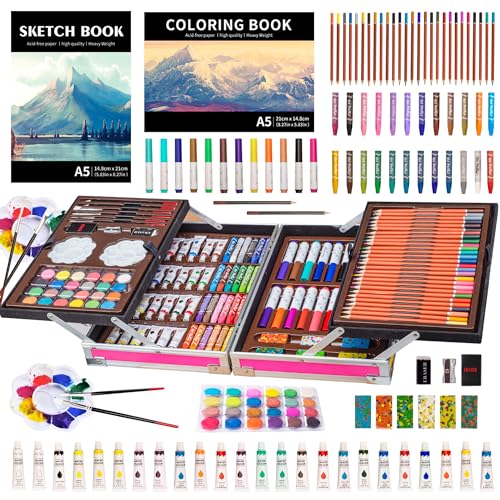 KINSPORY Art Set, 139 Pack Painting Drawing Art Supplies Kit with 2 Sketch Pads, Double Layers Art Crafts, Colored Pencils, Oil Pastels, Watercolor Paints, Aluminum Gift Case for Artists Kids (Pink) | Art Supplies Case with 1 Sketchbook & 1 Coloring Book,