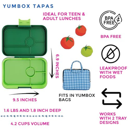 Yumbox Tapas Leakproof Bento Box, 4 Compartments, Palm Green | Large 4.2-Cup Capacity | Sandwich-Friendly | Removable Compartment Tray | Easy-Open Single Latch | Ideal for Teens & Adults - color: Palm Green Lime