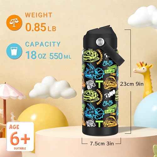 Boys Dinosaur Fossil Water Bottle for School，Kids 18 oz Insulated Stainless Steel Cup with Straw, Double-Wall Vacuum Leakproof - color: C13.Dinosaur-Fossil