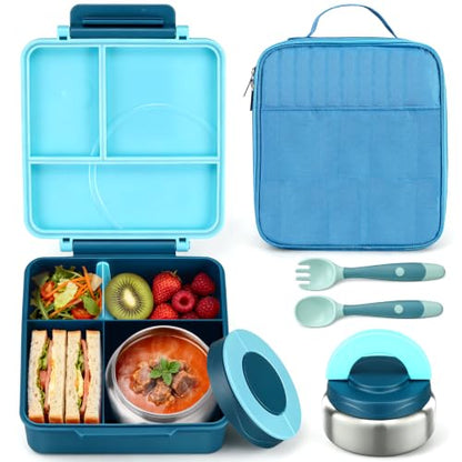 Itslife Bento Lunch Box for Kids with 8oz Soup Thermo&Lunch Bag, Leak-Proof Lunch Food Containers with 4 Compartment, Hot Food Insulated Food Jar for Kids School (Blue) - color: Blue