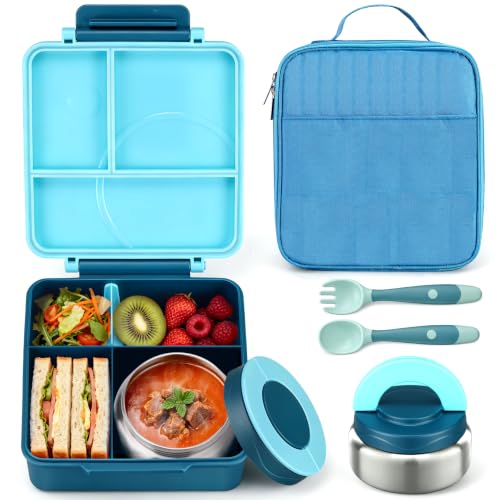 Itslife Bento Lunch Box for Kids with 8oz Soup Thermo&Lunch Bag, Leak-Proof Lunch Food Containers with 4 Compartment, Hot Food Insulated Food Jar for Kids School (Blue) - color: Blue