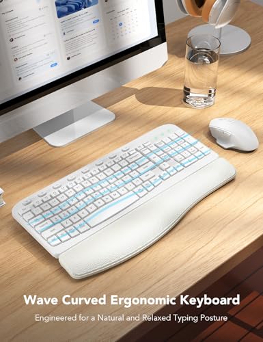 SABLUTE Wireless Keyboard and Mouse Combo with Ergonomic Wave Key | Leather Soft Palm Rest, 2.4G Full Size, 6-Button Mouse, 4-Level DPI, USB-A/C, MA12 Set for PC, Laptop, Windows, macOS (White） - color: Cloud White