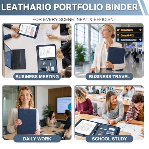 Leathario Portfolio Binder, Includes 5 Sheet Protectors and a Pen, 13 Inch Tablets Organizer, Vegan Leather A4 Padfolio, Multi-Pocket Notepad Business Planner Professional Document - color: Relief Blue