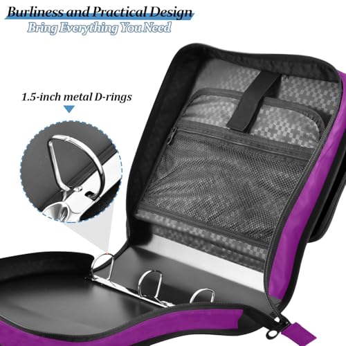 3 Rings 1.5 inch Zipper Binder with Shoulder Strap Waterproof Document Organizer for School Purple Red - color: Purple Red