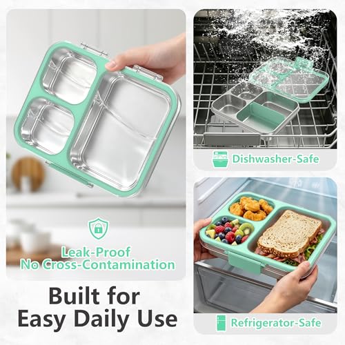 Stainless Steel Bento Lunch Box, 34oz/1000ml Leak Proof Metal Container, Lightweight 3mm Ultra-Narrow Bezel with Tritan Lid for Kids & Adults, 3-Compartment, BPA/BPS Free, Dishwasher Safe, Green - color: Green, size: 34oz/1000ml