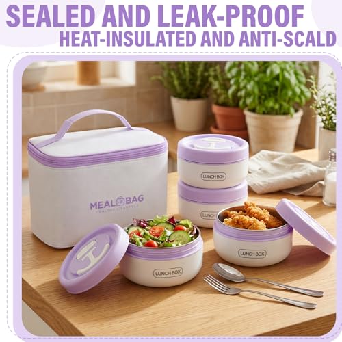 Dandat 4 Pcs Insulated Lunch Container, Portable Bento Box, Stainless Steel Lunch Box, Round Stackable Leakproof Thermal Food Container for Adult Men Women with Insulated Bag, 74 oz(Purple) - color: Purple