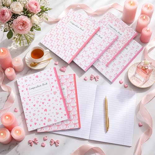 AmazingSpark 6 Pack Lefty Preppy Notebook Cute Bow Coquette Journal 7" x 9" College Wide Ruled 110 Pages Left Handed Aesthetic School Supplies Gifts for Teens Girls Women(Composition,Pink Bow) - color: Pink Bow, style: Composition