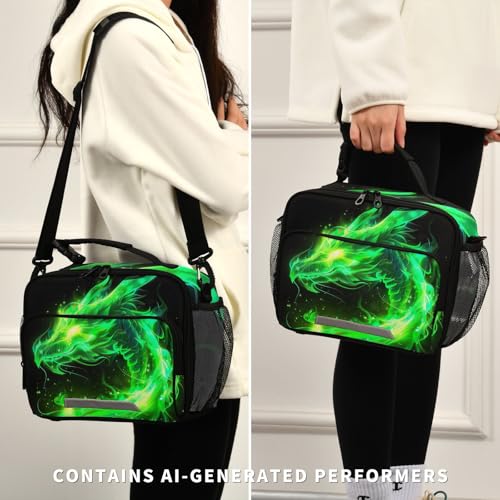 Green Flame Dragon Kids Lunch Box Insulated Lunch Bags Cooler Tote Bag with Removable Shoulder Strap for Boy Girl Student 20856151 - color: Green Dragon