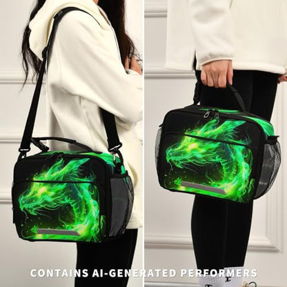 Green Flame Dragon Kids Lunch Box Insulated Lunch Bags Cooler Tote Bag with Removable Shoulder Strap for Boy Girl Student 20856151 - color: Green Dragon
