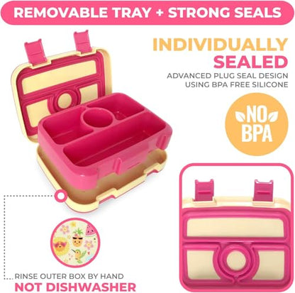 kinsho Bento Lunch Box for Kids Toddlers Girls, 4 Portion Sections Secure Lid, Microwave Safe BPA Free Removable Tray, Pre-School Kid Daycare Lunches Snack Container Ages 3 to 5, Cute Summer - color: Cute Summer Bento