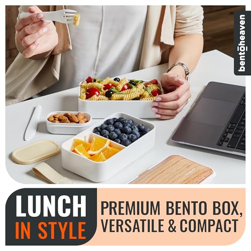 Bentoheaven Bento Box Adult, Stackable Lunch Box, 40 oz, Bright Light | BPA-free, leakproof and microwave-safe with 2 compartments, utensils, chopsticks, divider and sauce cup for men and women. - color: Bright Light