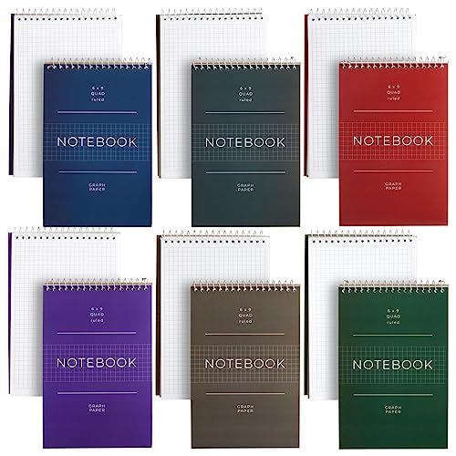 Juvale 6 Pack Quad Ruled 6x9 Inch Top Bound Spiral Graph Paper Notebook - 80 Sheets / 160 Writable Page Steno Notepads for Writing, Sketching, Drawing, School Supplies (6 Colors)
