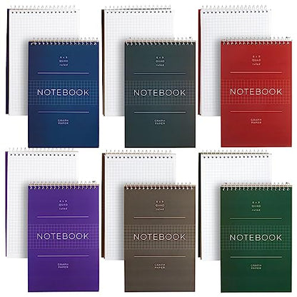 Juvale 6 Pack Quad Ruled 6x9 Inch Top Bound Spiral Graph Paper Notebook - 80 Sheets / 160 Writable Page Steno Notepads for Writing, Sketching, Drawing, School Supplies (6 Colors)