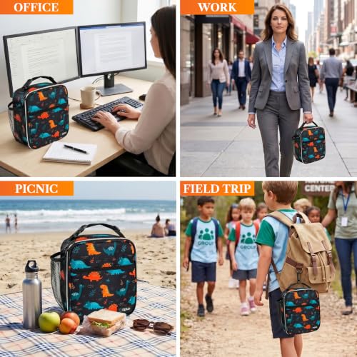 opux Insulated Lunch Bag for Kids Boys Girls, Small Compact Lunch Box with Wide Opening & Mesh Pockets, Reusable Lunch Pail for School, Work, Adults, Men, Women, Dinosaur - color: Dinosaur