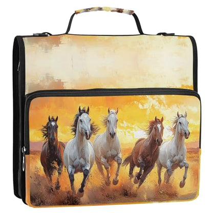 Horses Running Desert Sunset Painting Zipper Binder 3 Ring with Shoulder Strap 2 Inch Binder Holds 500 Sheets Trapper Keeper Zipper Binders Organizer for School Students Office