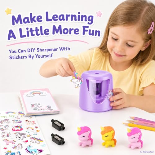 homicozy Electric Pencil Sharpeners for Kids, Cute Small Pencil Sharpener for Home Classroom, Battery Pencil Sharpener Electric Plug in, with Erasers DIY Stickers Note Pad (Purple Battery) - color: Purple Battery