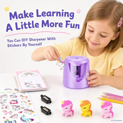 homicozy Electric Pencil Sharpeners for Kids, Cute Small Pencil Sharpener for Home Classroom, Battery Pencil Sharpener Electric Plug in, with Erasers DIY Stickers Note Pad (Purple Battery) - color: Purple Battery