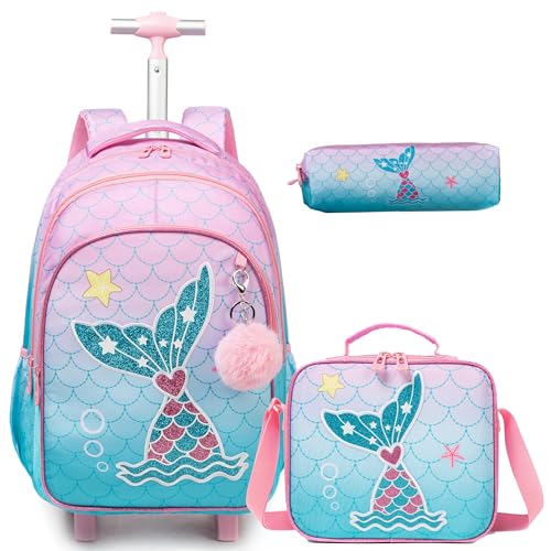 Kids Rolling Backpack for Girls Mermaid Suitcases Trolley Roller Luggage Backpacks on Wheels with Lunch Box Pencil Case for Elementary Multiple Compartment Pockets School Bag Powder Blue - color: Powder blue-12821