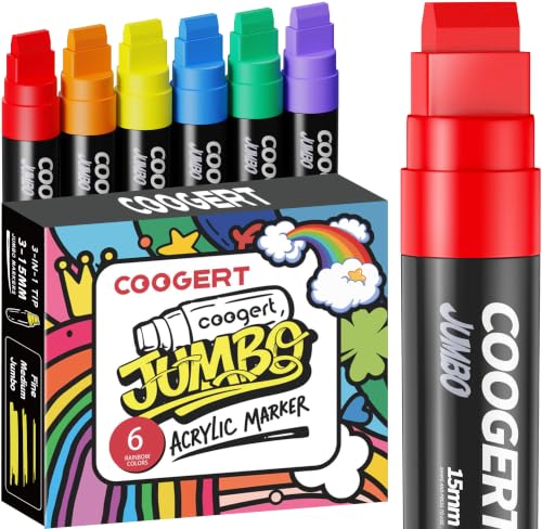 Coogert Jumbo Poster Markers, 15MM Thick Permanent Acrylic Graffiti Markers, Wide Tip Paint Marker for Canvas, Posters Board, Fabric, Window, Wood,Teachers,Banner painting supplies (6 Rainbow) - color: 6 Rainbow