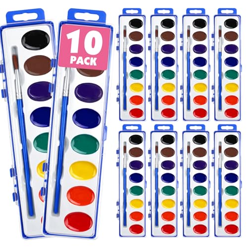 10 Pack Watercolor Paint Set, 8 Colors Water Color Paint Set for kids with Paintbrush. Washable Watercolors Paint for Parties, Birthday Party Favor, Valentine's Day Presents for kids, Classrooms and Teacher Supplies - size: 1 Count (Pack of 10)