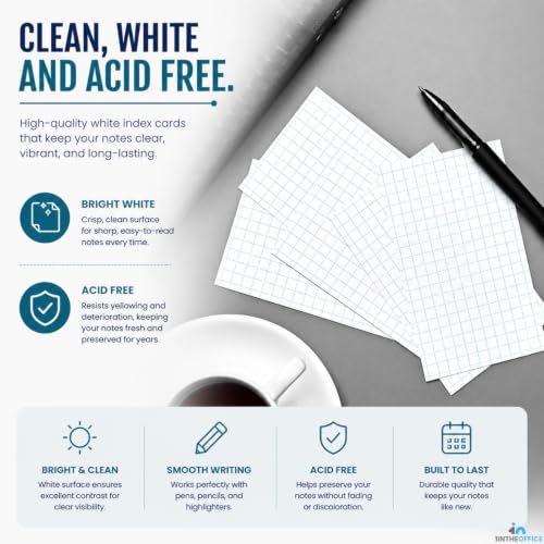 1InTheOffice Index Cards 3x5 Graph Ruled White, Grid Index Cards 200/Pack