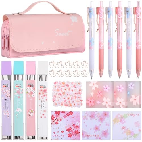 Crtiin 74 Pcs Kawaii Cherry Blossom Stationery Set Japanese Kawaii Pencil Bag Mechanical Pencil Cherry Erasers Pencil Refill and Stickers for Office Party Favors(Pink)