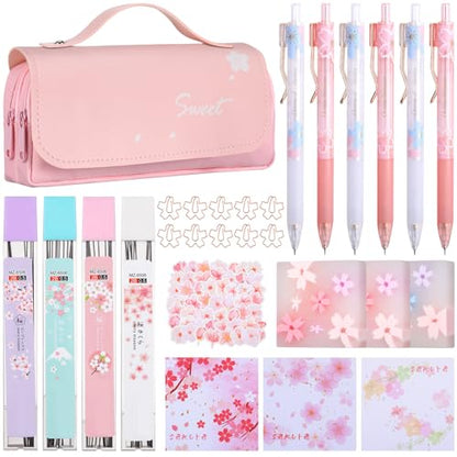 Crtiin 74 Pcs Kawaii Cherry Blossom Stationery Set Japanese Kawaii Pencil Bag Mechanical Pencil Cherry Erasers Pencil Refill and Stickers for Office Party Favors(Pink)