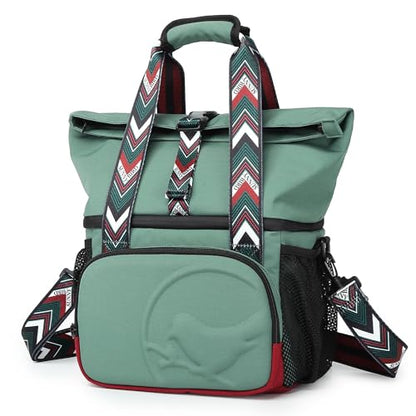 SUNNY BIRD Dual Compartment Lunch Bag Insulated Lunch Box for Women and Men (Green with boho strap) - color: Green with boho strap