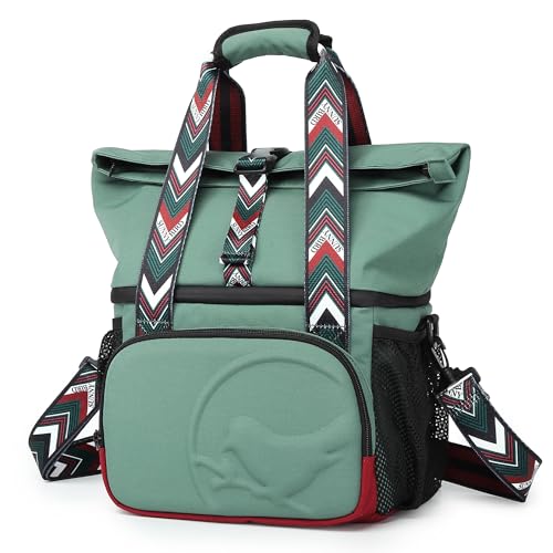 SUNNY BIRD Dual Compartment Lunch Bag Insulated Lunch Box for Women and Men (Green with boho strap) - color: Green with boho strap