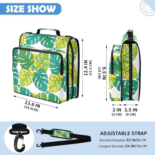Monstera Leaves Zipper Binder with 2 Inch D-Rings Expandable File Portfolio with Shoulder Strap, Waterproof Nylon Organizer for 14" Laptop for Work College Travel