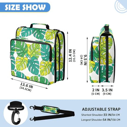 Monstera Leaves Zipper Binder with 2 Inch D-Rings Expandable File Portfolio with Shoulder Strap, Waterproof Nylon Organizer for 14" Laptop for Work College Travel