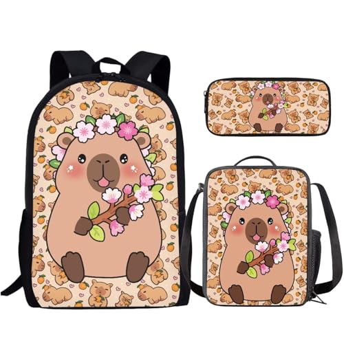 Cartoon Capybara 3 Piece Kids Backpack Set with Lunch Box Pencil Case Kids Backpack for Girls Portable Lunch Bag Multifunctional Pencil Case Gift for Girls Boys - color: Cartoon Capybara-a