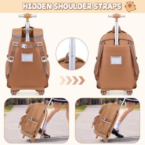 Capybara Rolling Backpack for Girls - 3PCS Girls Backpack Kids Suitcase with Lunch Box & Pencil Case Travel - Capybara Backpack with Wheels for Kindergarten Preschool Elementary (Brown) - color: Brown