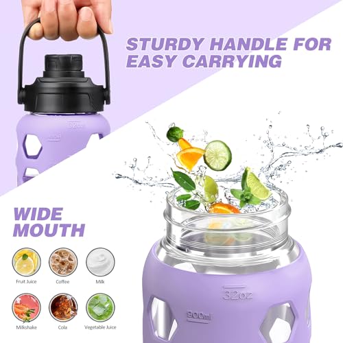 MUKOKO Glass Water Bottle, 32oz, Purple | Glass Tumbler with Straw, Drinking Bottles with 2 Lids-Handle Spout Lid & Bamboo Straw Lid, Silicone Sleeve, 1 Pack - color: Purple, size: 32 Ounces