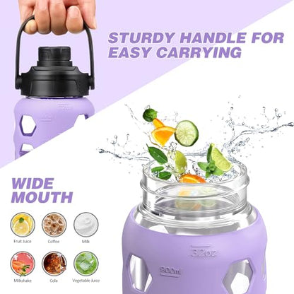 MUKOKO Glass Water Bottle, 32oz, Purple | Glass Tumbler with Straw, Drinking Bottles with 2 Lids-Handle Spout Lid & Bamboo Straw Lid, Silicone Sleeve, 1 Pack - color: Purple, size: 32 Ounces
