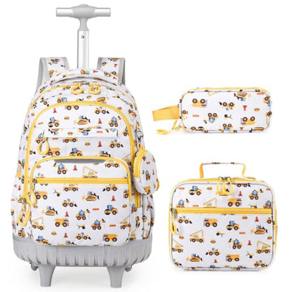 Rolling Backpack for Boys, 3PCS Roller School Backpacks for Boys with Lunch Bag and Pencil Pouch, Kids Bookbag School Bag with Wheels for Kindergarten Elementary Middle School Travel - color: Grey Truck