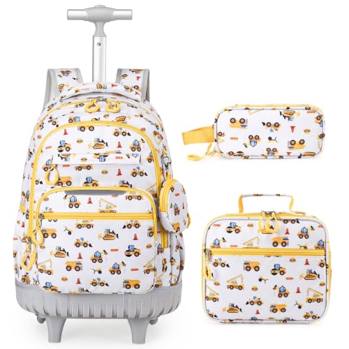 Rolling Backpack for Boys, 3PCS Roller School Backpacks for Boys with Lunch Bag and Pencil Pouch, Kids Bookbag School Bag with Wheels for Kindergarten Elementary Middle School Travel - color: Grey Truck