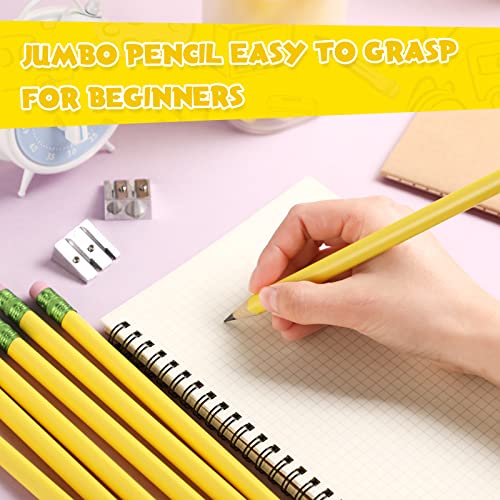 Fainne 102 Pieces Jumbo Pencils Set for Kids Toddlers 96 Thick Fat Large Pencils with Erasers 6 Sharpeners Bulk for Preschool Kindergarten Elementary School Classroom(Yellow,Round) - color: Yellow, style: Round