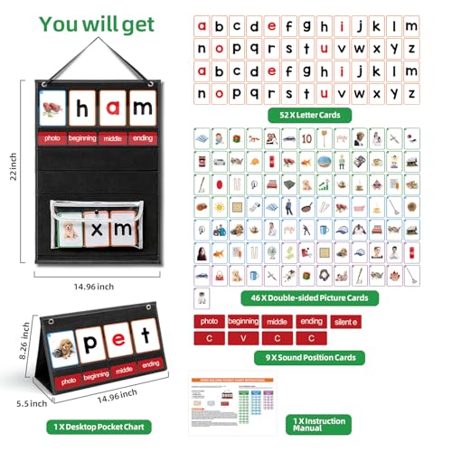 ANSTROUT CVC Word Builder Desktop Pocket Chart with 107 Phonics Flash Cards, Kids Word Builder Games for Learn to Read CVC CVCC CCVC Words, Phonics Learning Tool for Preschool Kindergarten Classroom.