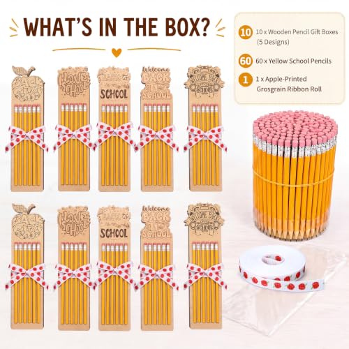 Marspark 71 Pcs/10 Sets Back to School Teacher Appreciation Gifts Bulk 10 Wooden Pencil Gift Boxes with 60 Pencils and Apple Ribbon First Day of School Teachers Thank You Gifts for Party Supplies