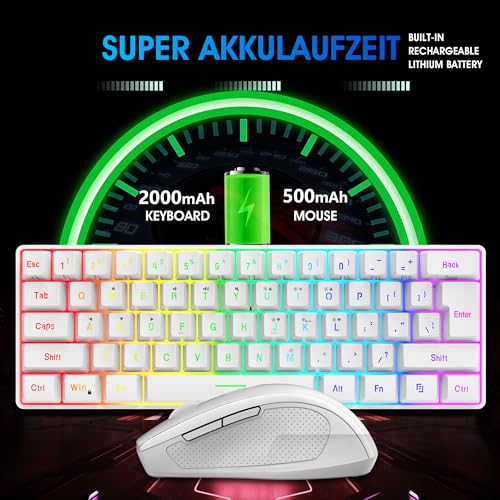 Snpurdiri 2.4G Wireless Gaming Keyboard and Mouse Combo, Include Small 60% Merchanical Feel Ergonomic Design Mini Wireless Mouse(White) - color: White Combo