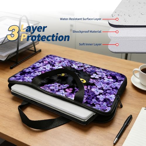 Laptop Bag 10 Inch,Resistant Shockproof Laptop Sleeve Case Protective Cover Carrying Case with Handle Compatible for HP Dell Lenovo Acer Asus Notebook Computer,Black Cat Purple Flower - color: Black Cat Purple Flower, size: 9-10.5 in