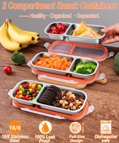 KTKUDY 5 Pack Stainless Steel Snack Containers for Kids & Adults - Large - Leek Proof Metal Bento Lunch Box with 2 Compartment for Daycare, School, Work, Travel - Stackable Snack Bento Box - size: 5 Pack-2 Sections