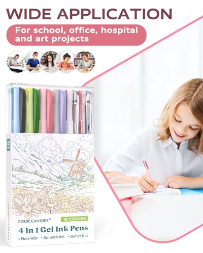 Four Candies 4-in-1 Multicolor Pens, 18 Colors, 6 Pack | Quick-Dry Ink, 0.5MM Fine Point, Smooth Writing, Retractable Design, School, Office & Nurse Supplies - color: Multicolor