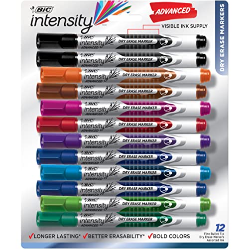 BIC Intensity Advanced Colorful Dry Erase Markers, Bullet Tip, Whiteboard Markers for Teachers and Students, School Supplies, 12-Count Pack of Assorted Colors - size: 12 Count (Pack of 1)