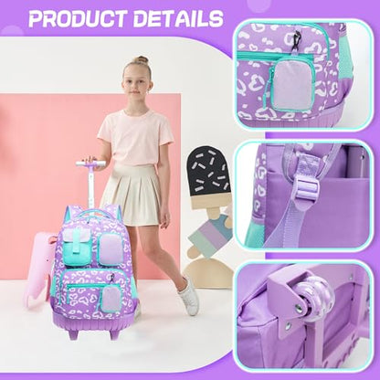 Meetbelify Rolling Backpack for Girls Boys Backpacks with Wheels Kids Carry on Luggage for Girls Boys - color: Girl Purple Love