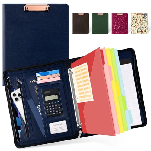 Ospelelf 3 Ring Portfolio Binder with Zipper, Leather Clipboard with Storage, Padfolio Folder for Men, 12.1” Tablet Sleeve, 5 Dividers with Pocket, Refillable Notepad, Card Slot (Navy Bule) - color: Navy Bule